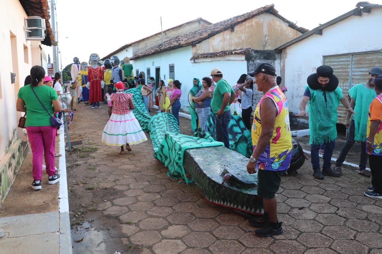 A grande serpente sendo carregada pela comunidade em procissão.